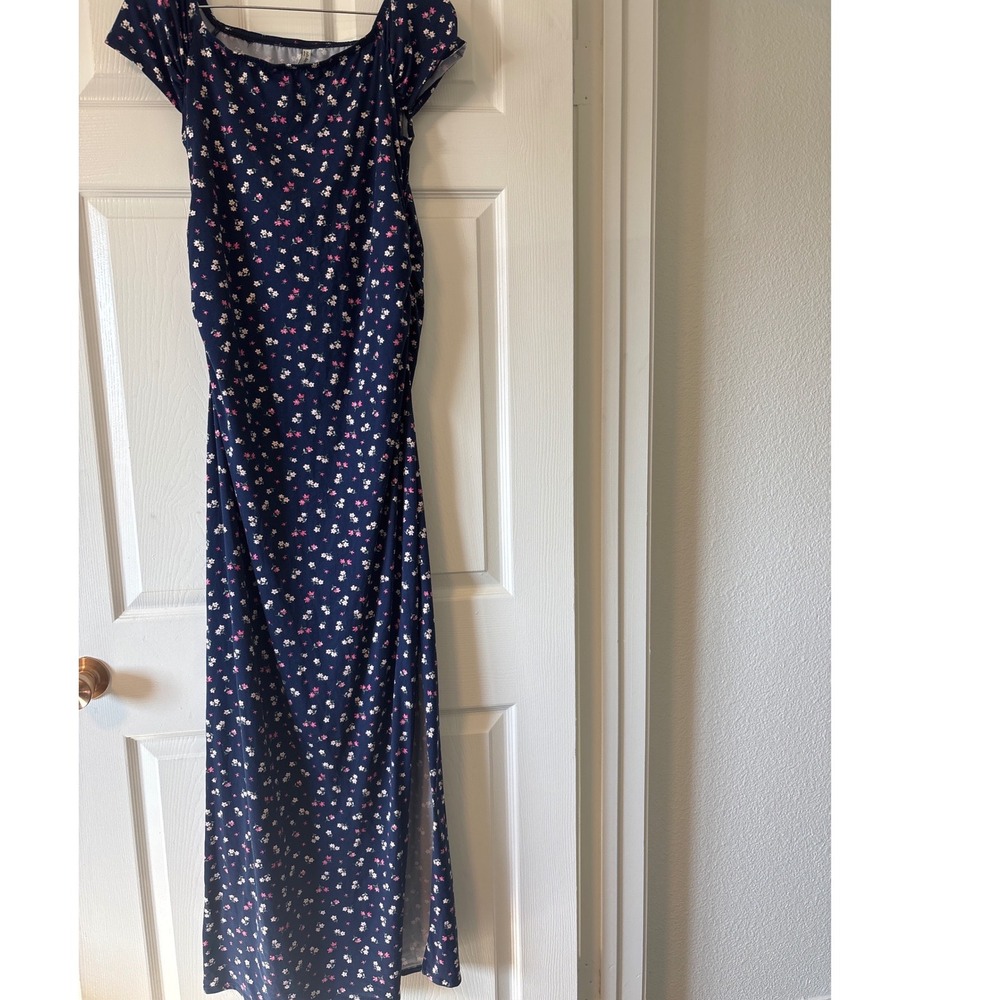 Mother Bee Maternity Maxi DressLarge Navy Blue Floral Excellent Slit Ruched